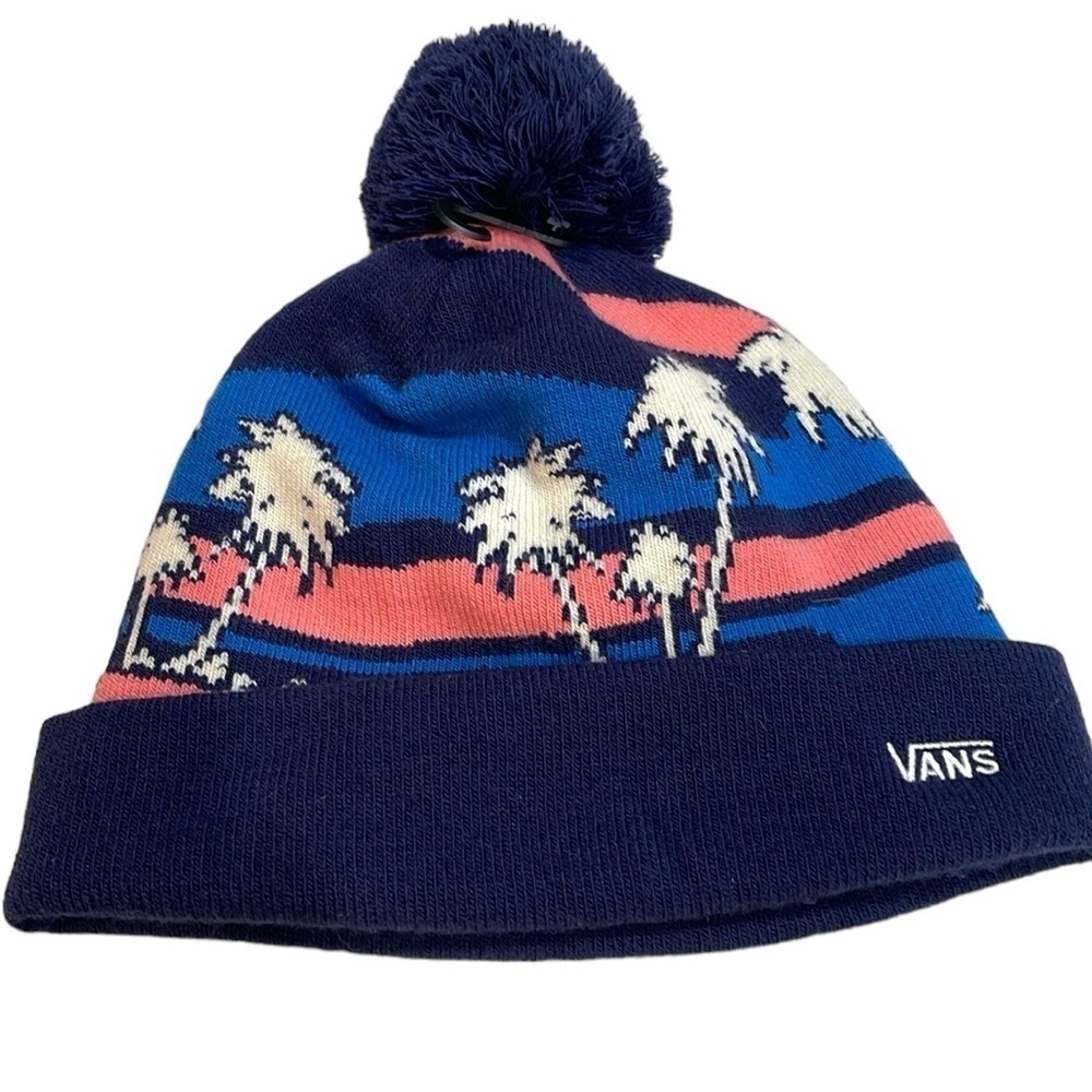 NWOT Vans Palm Tree Print Pom Pom Beanie One Size O/S Blue Pink